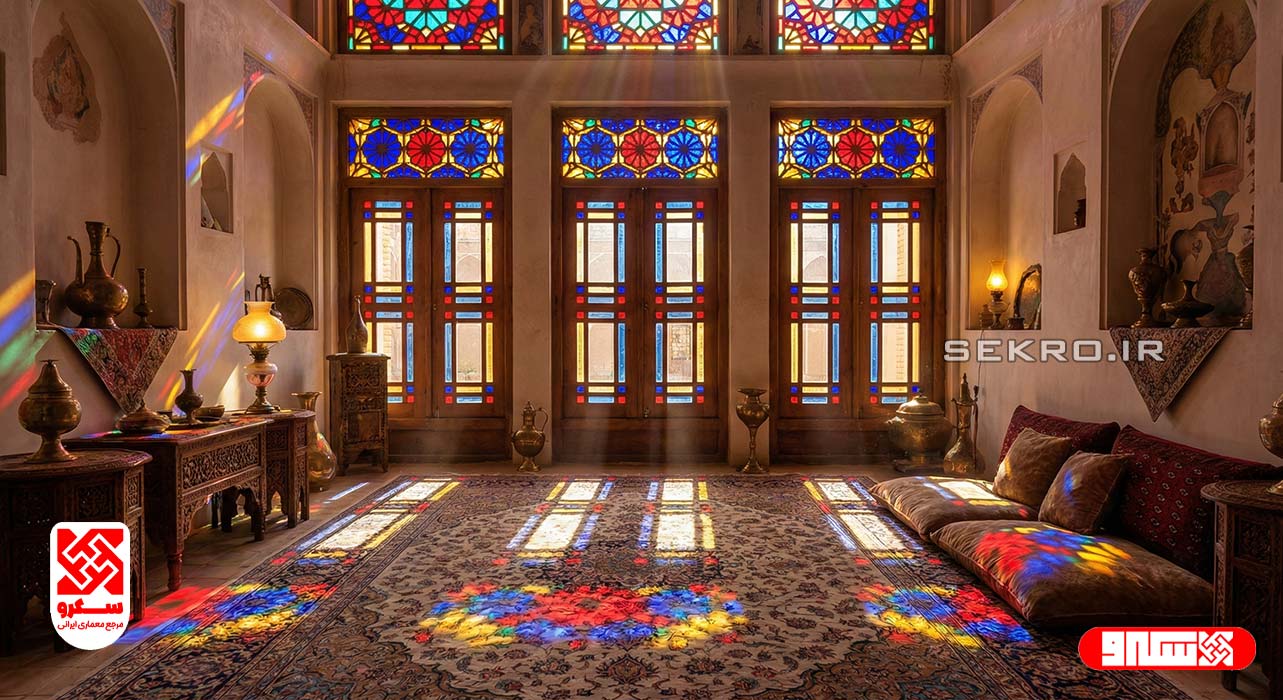 بازتاب نور رنگی پنجره ارسی روی فرش ایرانی