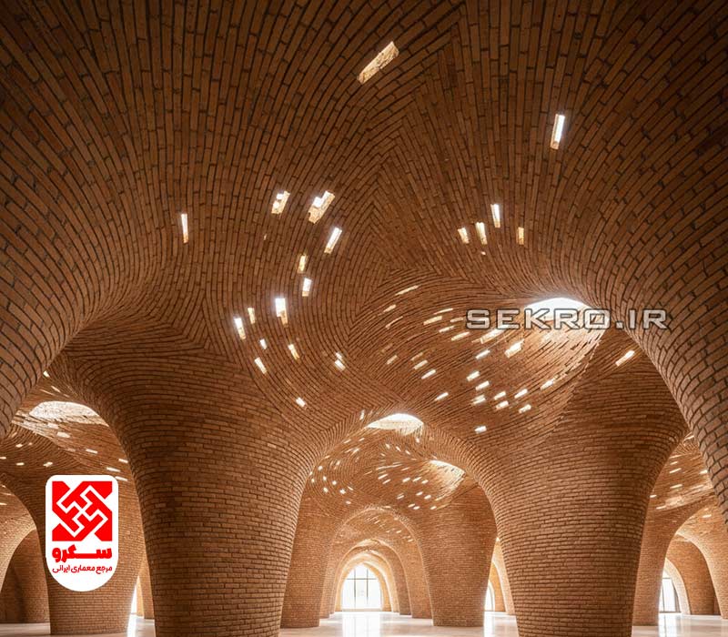 نمای زیر طاق آجری با فرم پارامتریک و منحنی‌های پیچیده که ایستایی خود را مدیون هندسه دقیق است