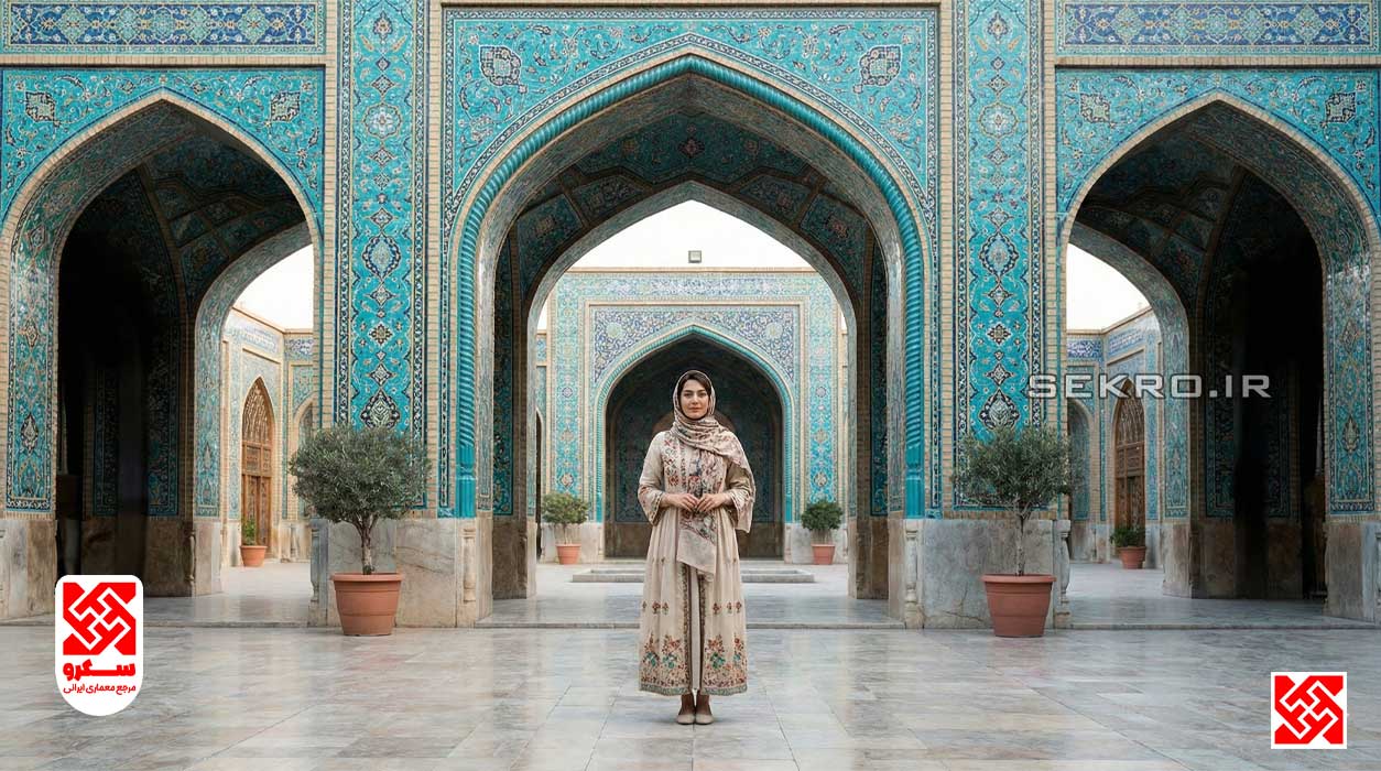 تناسبات طلایی بین اندام انسان و قوس معماری ایرانی، نمایش هارمونی و زیبایی بصری.
