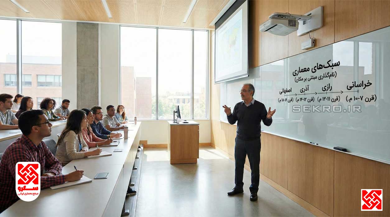تدریس سبک‌های معماری ایرانی (خراسانی، رازی، اصفهانی) در دانشگاه، جایگزینی نام‌های علمی به جای نام‌های مذهبی.