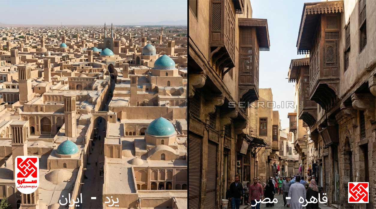 کلاژ مقایسه‌ای؛ سمت چپ بافت منظم و هندسی یزد با بادگیرها، سمت راست بافت ارگانیک و متفاوت قاهره قدیم با مشربیه‌های چوبی.
