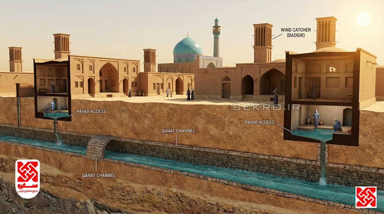 تصویر اینفوگرافیکِ رئال (Cutaway) از زیر زمین؛ نشان‌دهنده کانال قنات که آب را از مادرچاه به زیر خانه‌ها و مسجد می‌رساند.