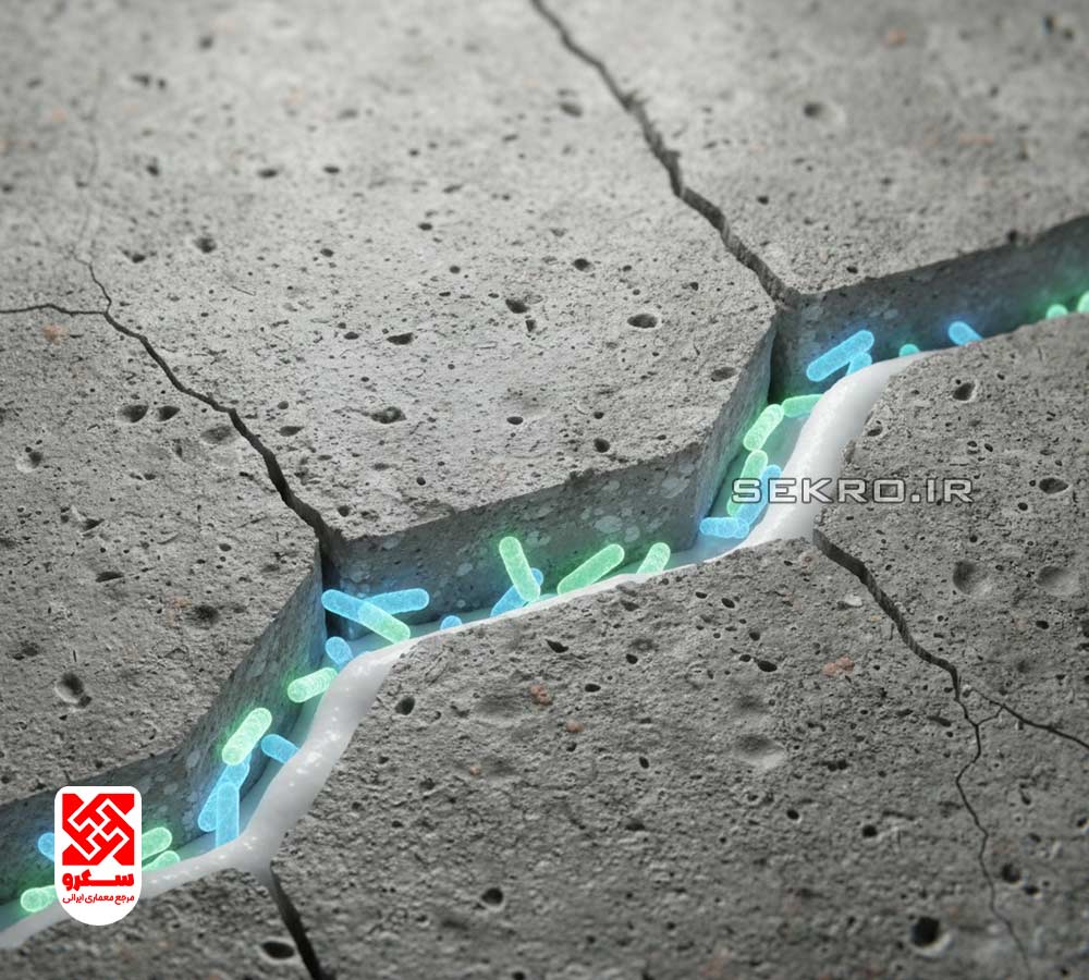 نمای ماکرو از ترک بتن که توسط باکتری‌ها و کلسیم کربنات سفیدرنگ در حال ترمیم و پر شدن است.