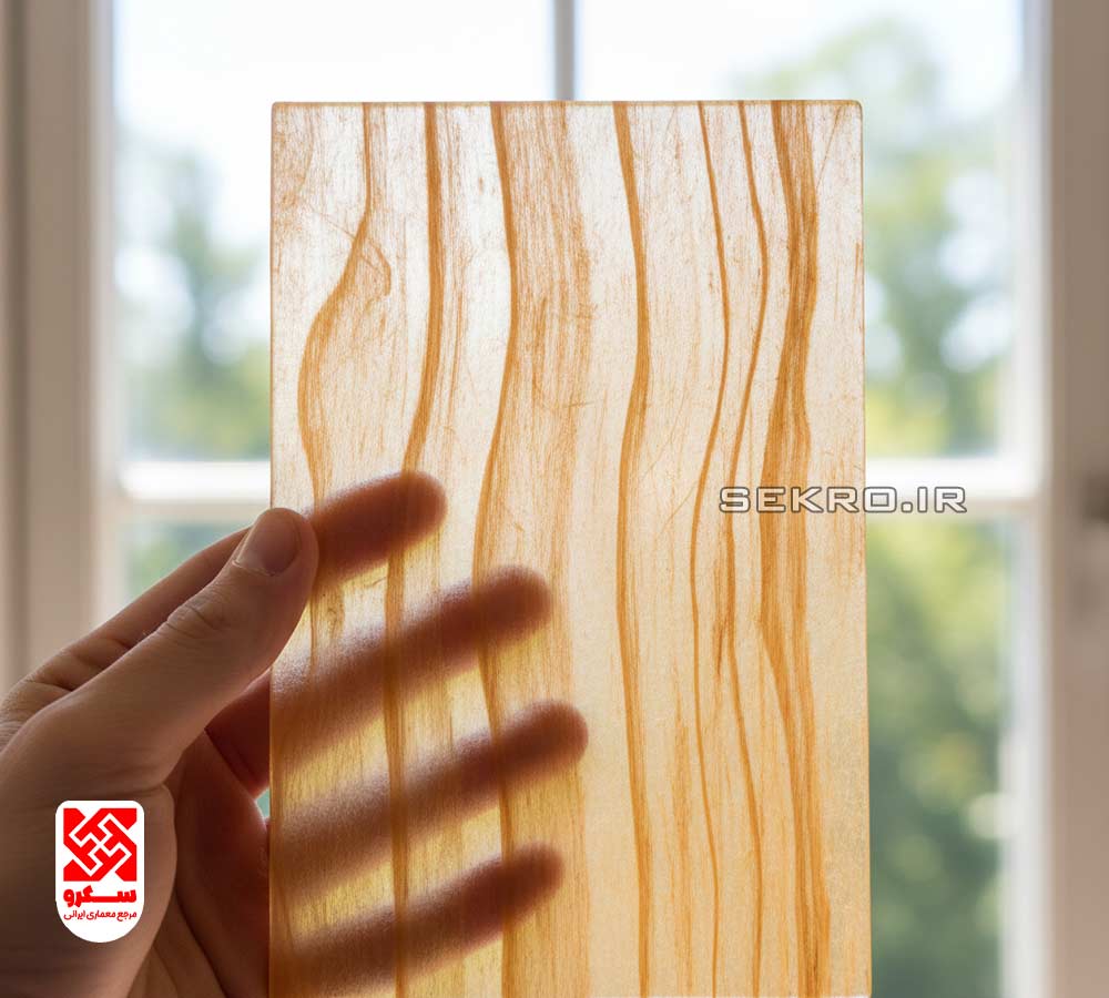تکه‌ای از چوب شفاف که نور از آن عبور می‌کند و رگه‌های طبیعی چوب در آن نمایان است، جایگزینی برای شیشه