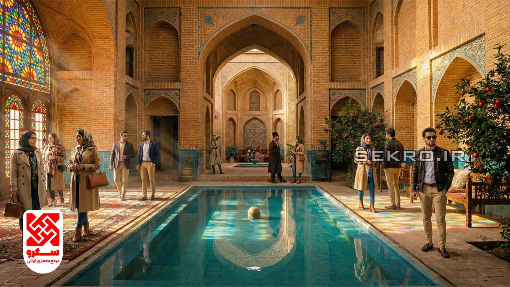 نمای داخلی حیاط خانه تاریخی ایرانی با حوض فیروزه‌ای و تابش نور خورشید از پنجره‌های ارسی