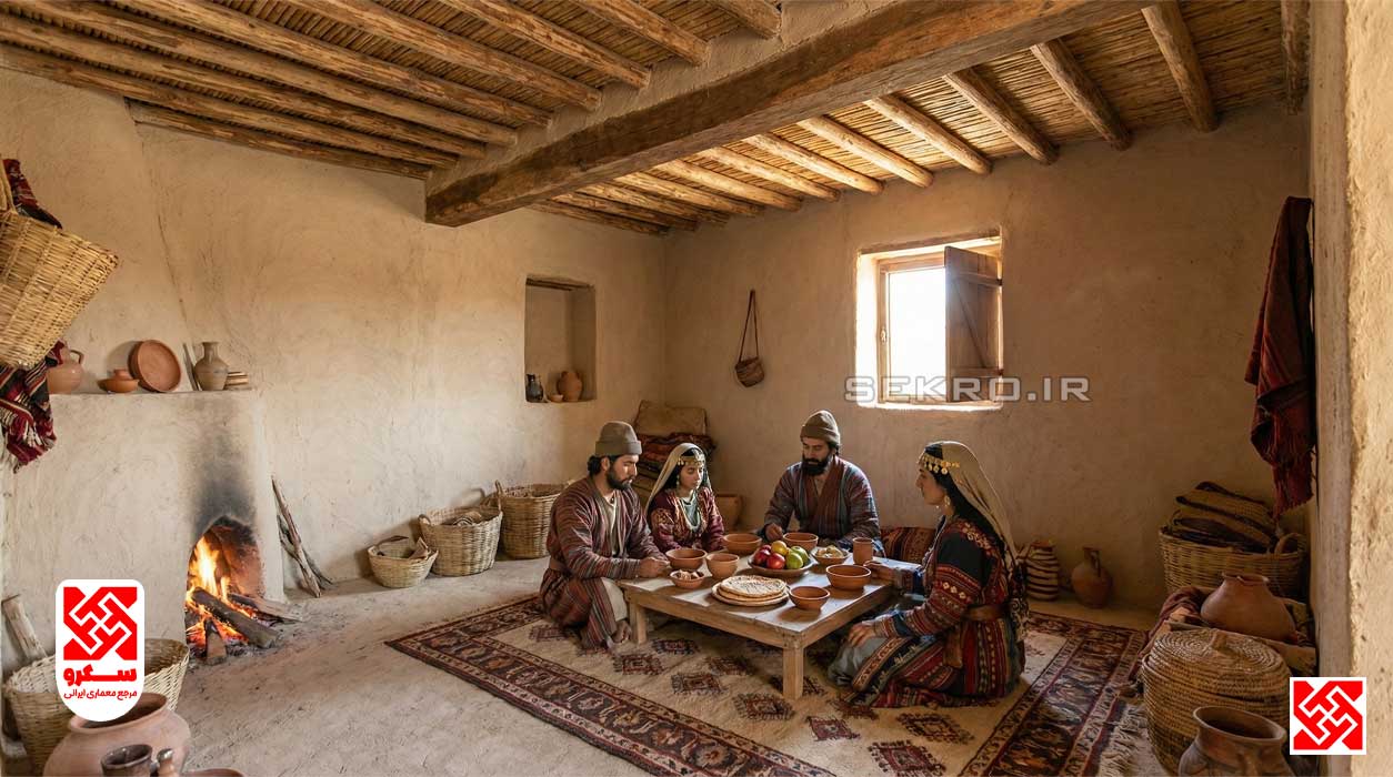فضای داخلی خانه مسکونی مردم عادی در دوره هخامنشی، معماری خشتی و چوبی که از بین رفته است.