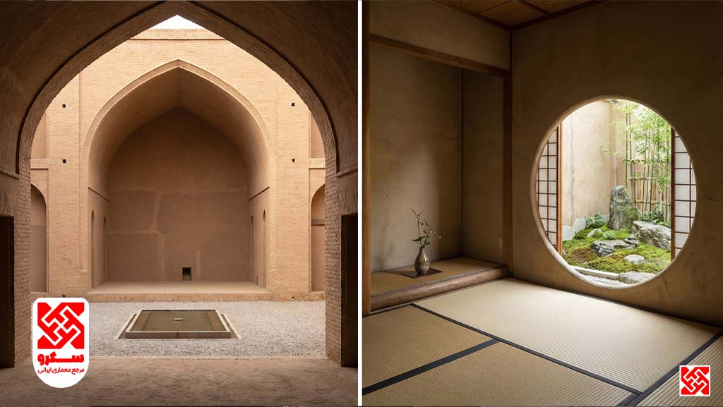 فضای خالی ایوان ایرانی و اتاق چای ژاپنی، نمایش مفهوم میانسرا و ما (Ma) به عنوان پتانسیل فضا.