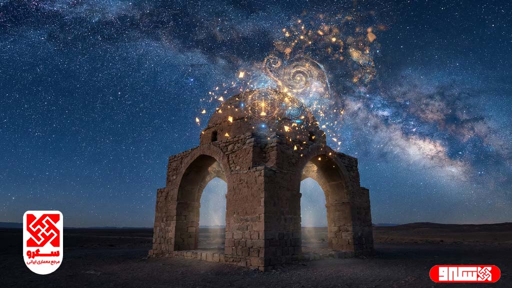 تبدیل شدن چهارطاقی باستانی به ذرات هندسی نورانی در زیر آسمان شب پر ستاره، نماد گذر از زمین به آسمان در معماری ایرانی.