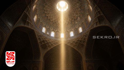 نمای عریض داخلی از مسجد، پرتو نور چرخشی از گنبد بر کف فیروزه‌ای افتاده و گرد و غبار معلق در هوا دیده می‌شود.
