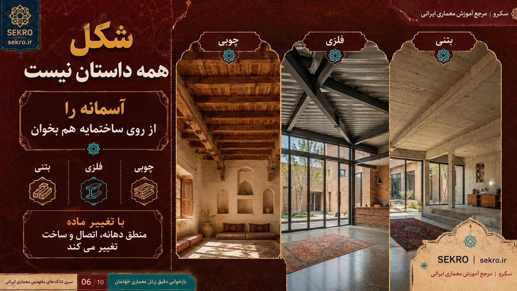 آسمانه چوبی، فلزی و بتنی در معماری و تفاوت ساختمایه، دهانه، اتصال و منطق ساخت